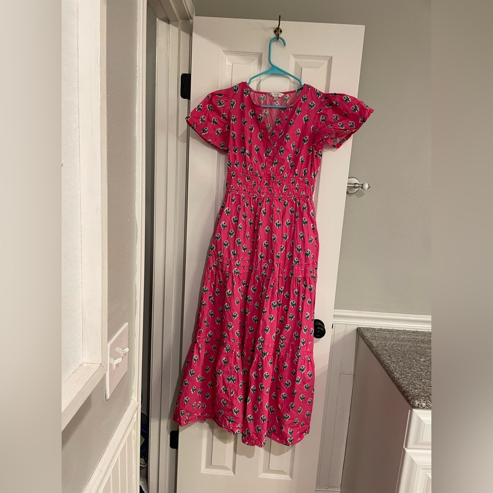 Women’s Crown & Ivy Pink Block Print Floral Tiered Midi Dress XS